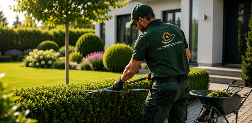 Mitarbeiter von MK Dienstleistungen bei der professionellen Gartenpflege und dem Heckenschnitt in einem gepflegten Privatgarten